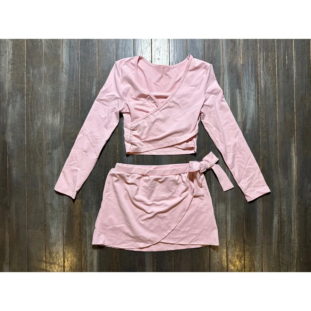 SHEIN Pink Long Sleeve Wrap Crop Top and Tulip Wrap Skirt 2 Piece Dance Set